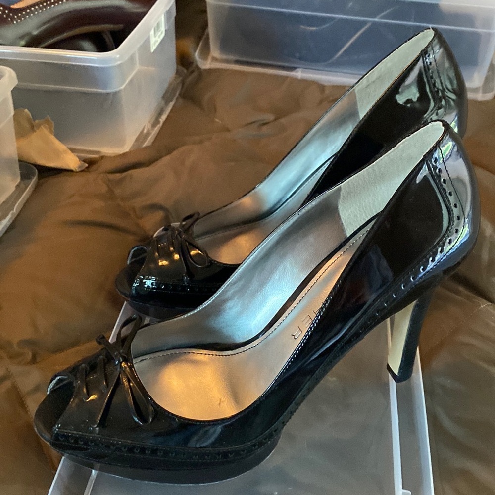 Marc Fisher black patent, open toe platform heels